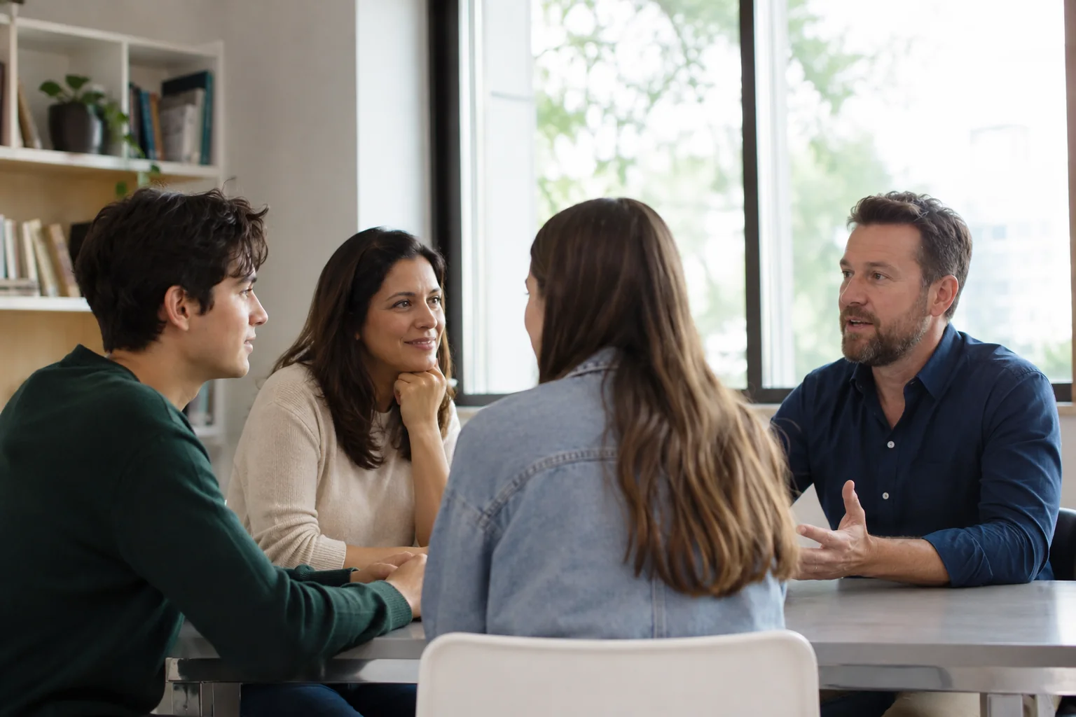 A family speaks with two different tutoring candidates