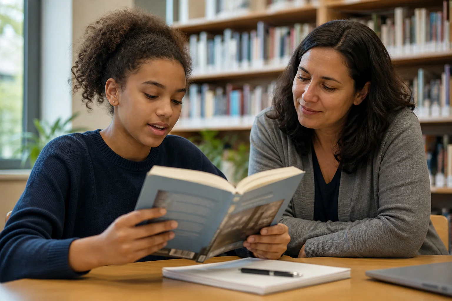 A French tutor practises reading with a student in a bright study room