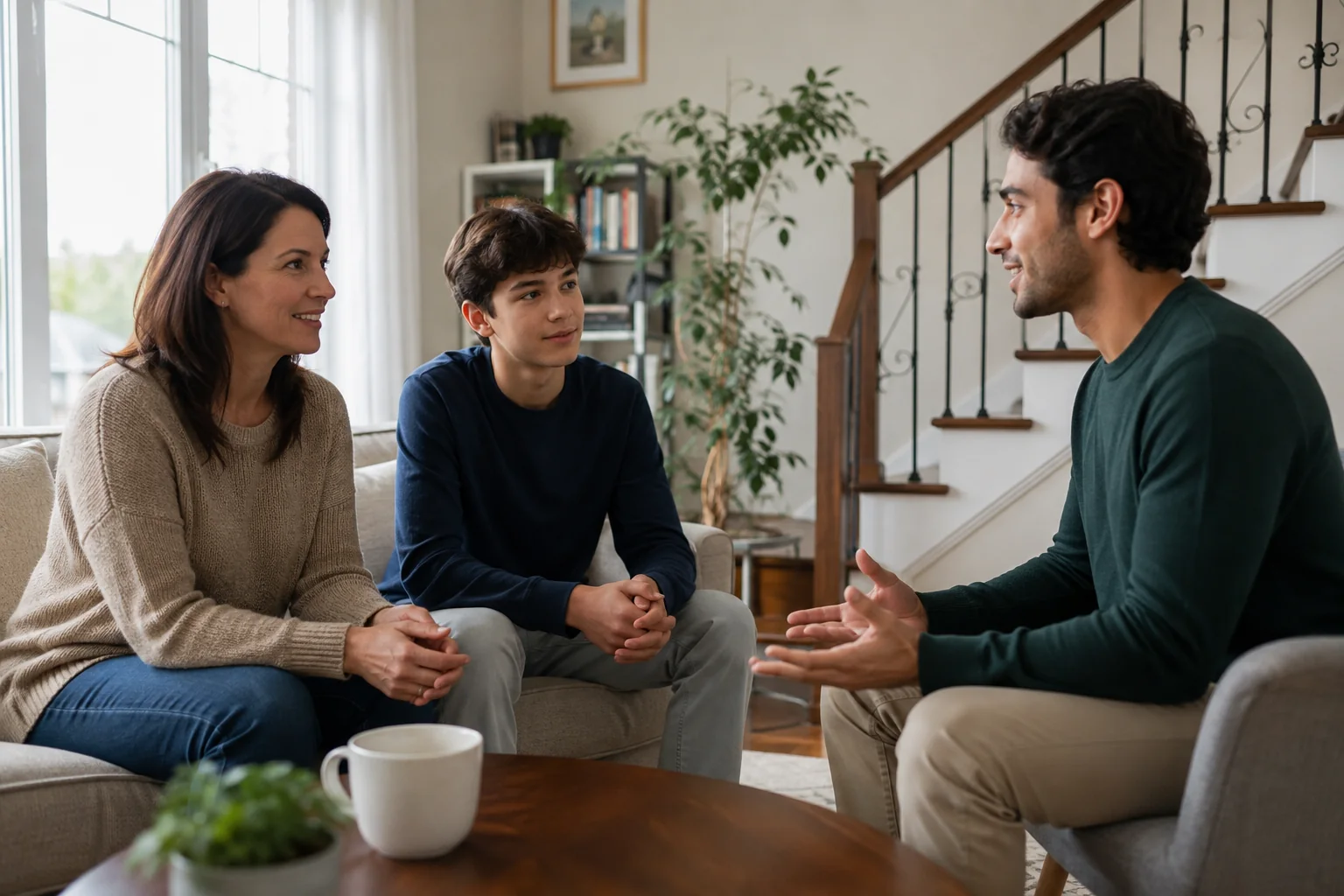 A parent interviews a prospective tutor in a welcoming home