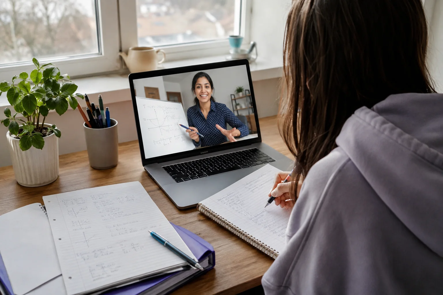 A student compares a video tutoring session with notes from an in-person lesson