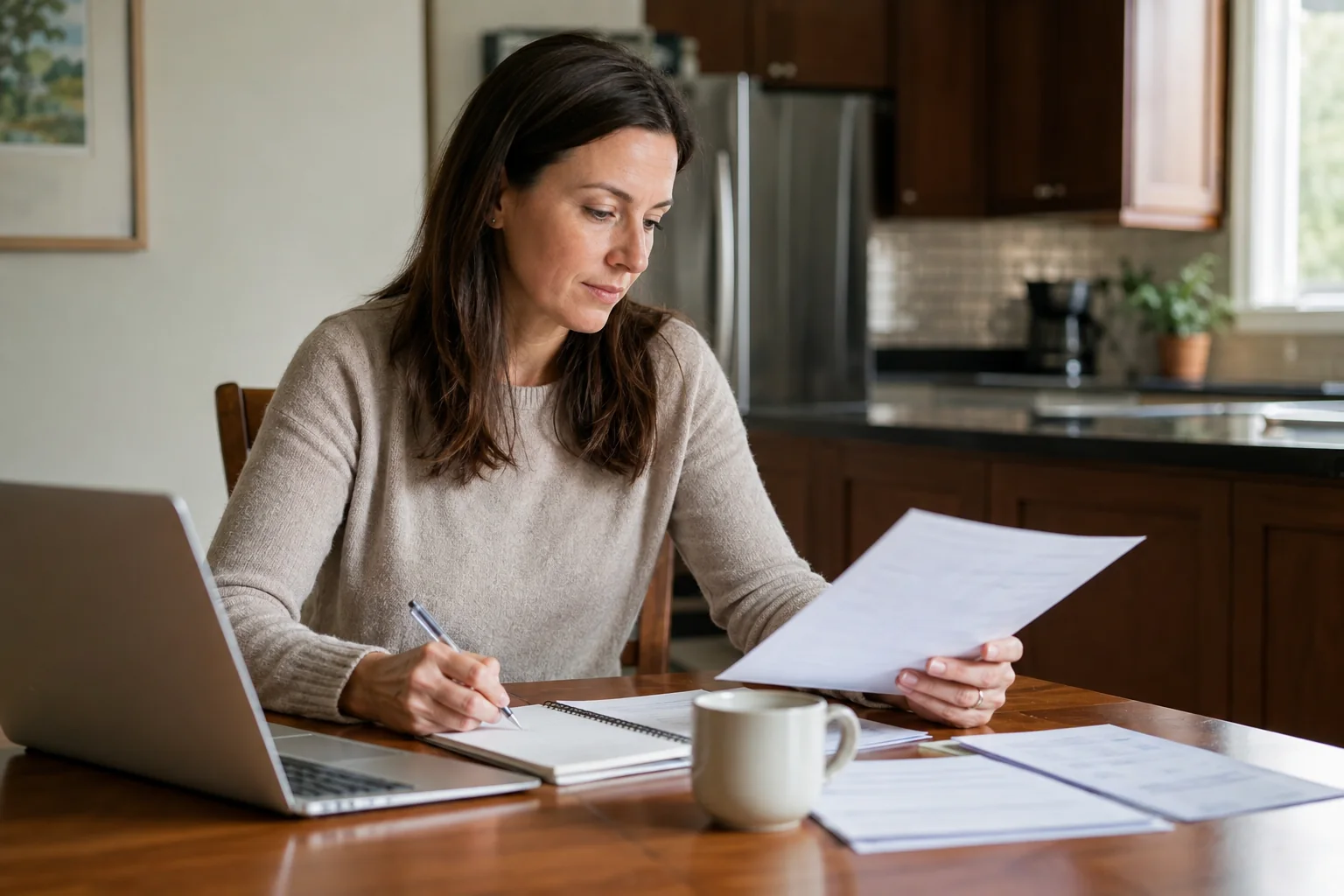 A parent compares tutoring options and notes at a kitchen table