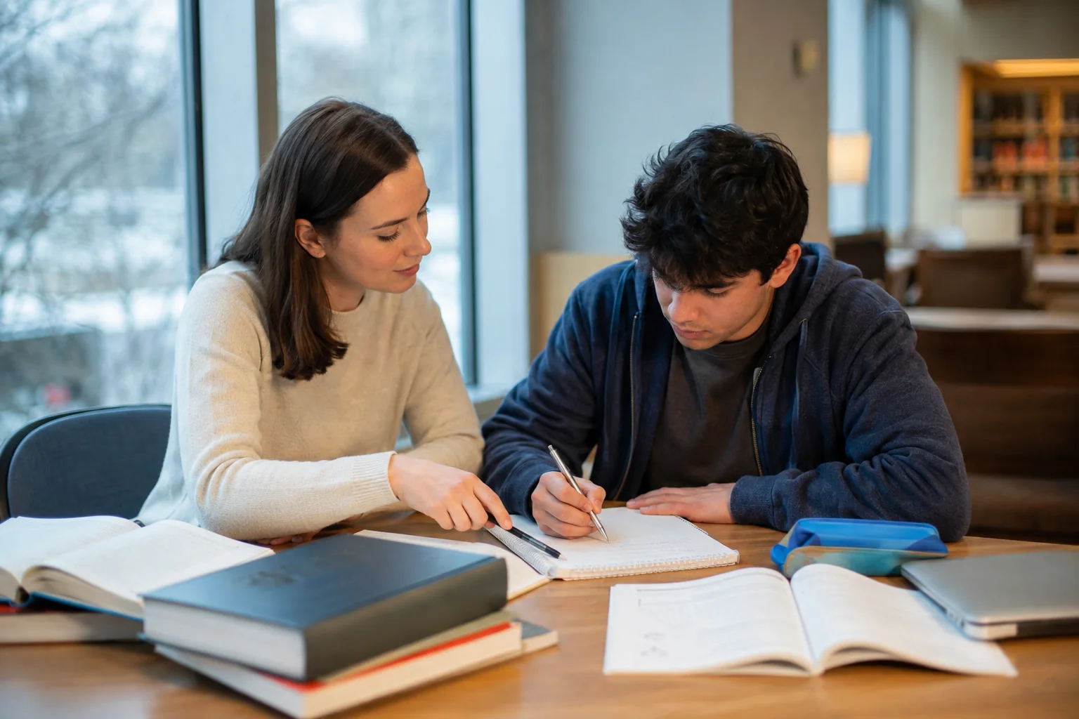 A tutor helps a student at a quiet Ottawa library table