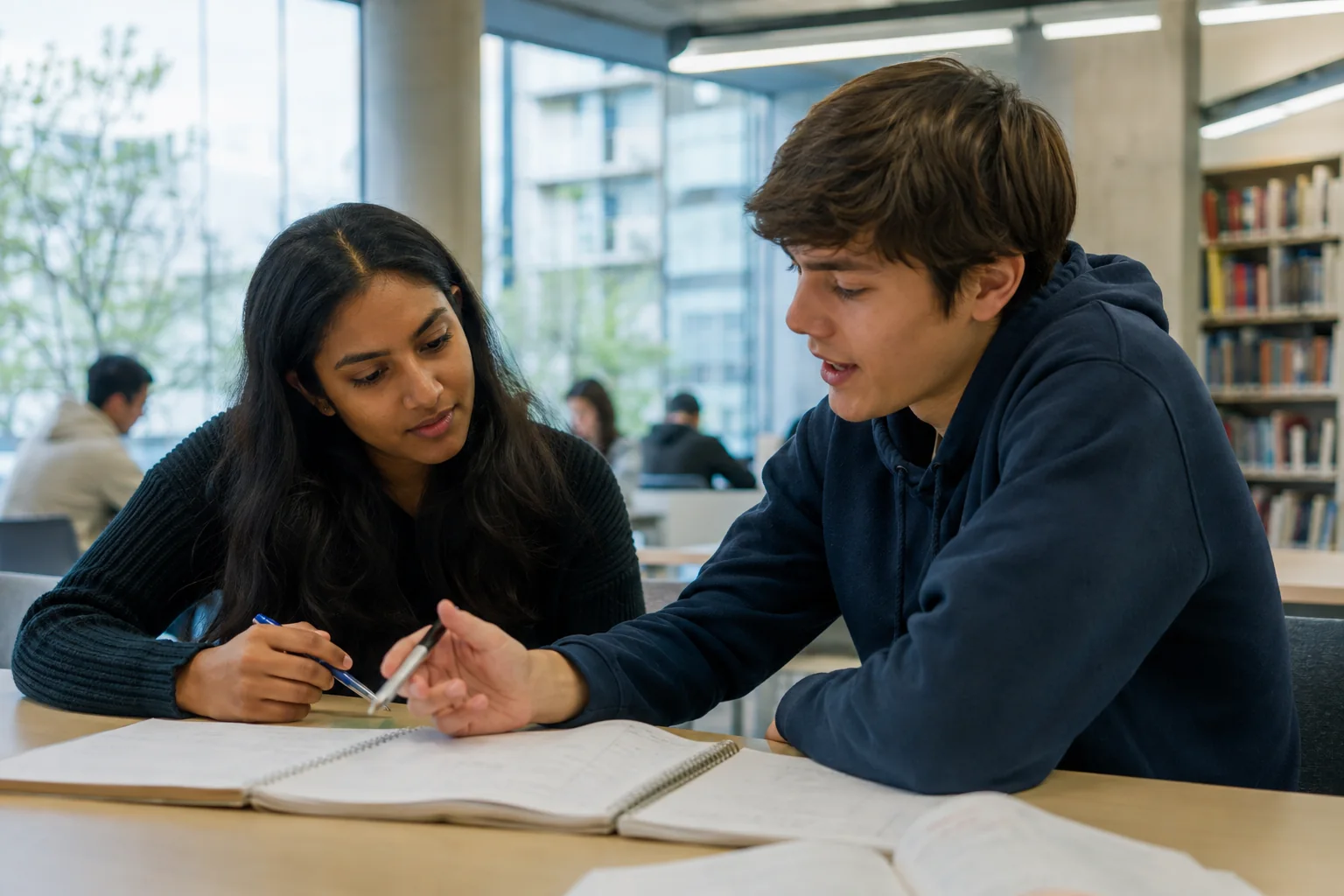 A tutor and student study together in a contemporary Toronto library