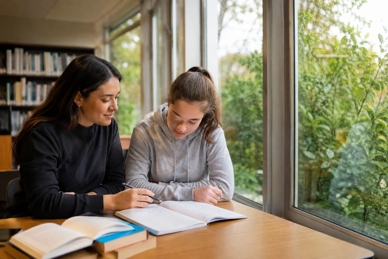 A tutor and student work beside a bright Vancouver library window